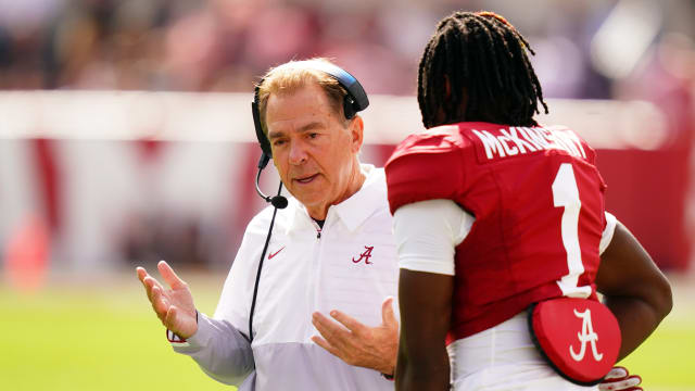 Oct 14, 2023; Tuscaloosa, Alabama, USA; Alabama Crimson Tide head coach Nick Saban talks with Alabama Crimson Tide defensive back Kool-Aid McKinstry (1) during the first quarter against the Arkansas Razorbacks at Bryant-Denny Stadium. Mandatory Credit: John David Mercer-USA TODAY Sports